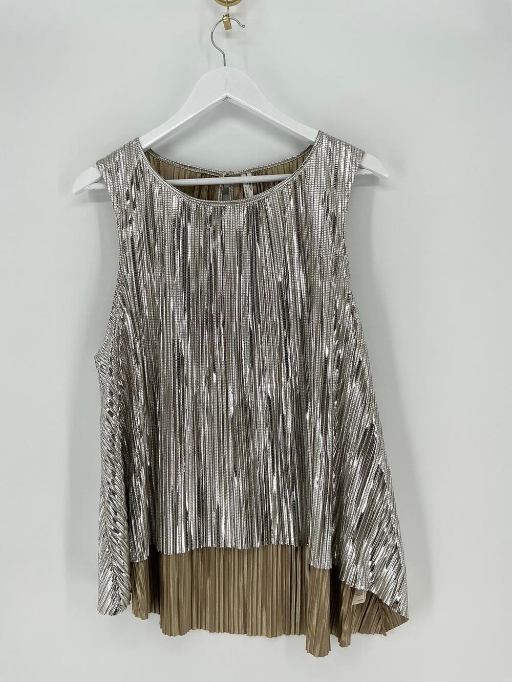 Anthropologie Metallic Silver Pleated Tank Top Women’s L Layered Party Holiday